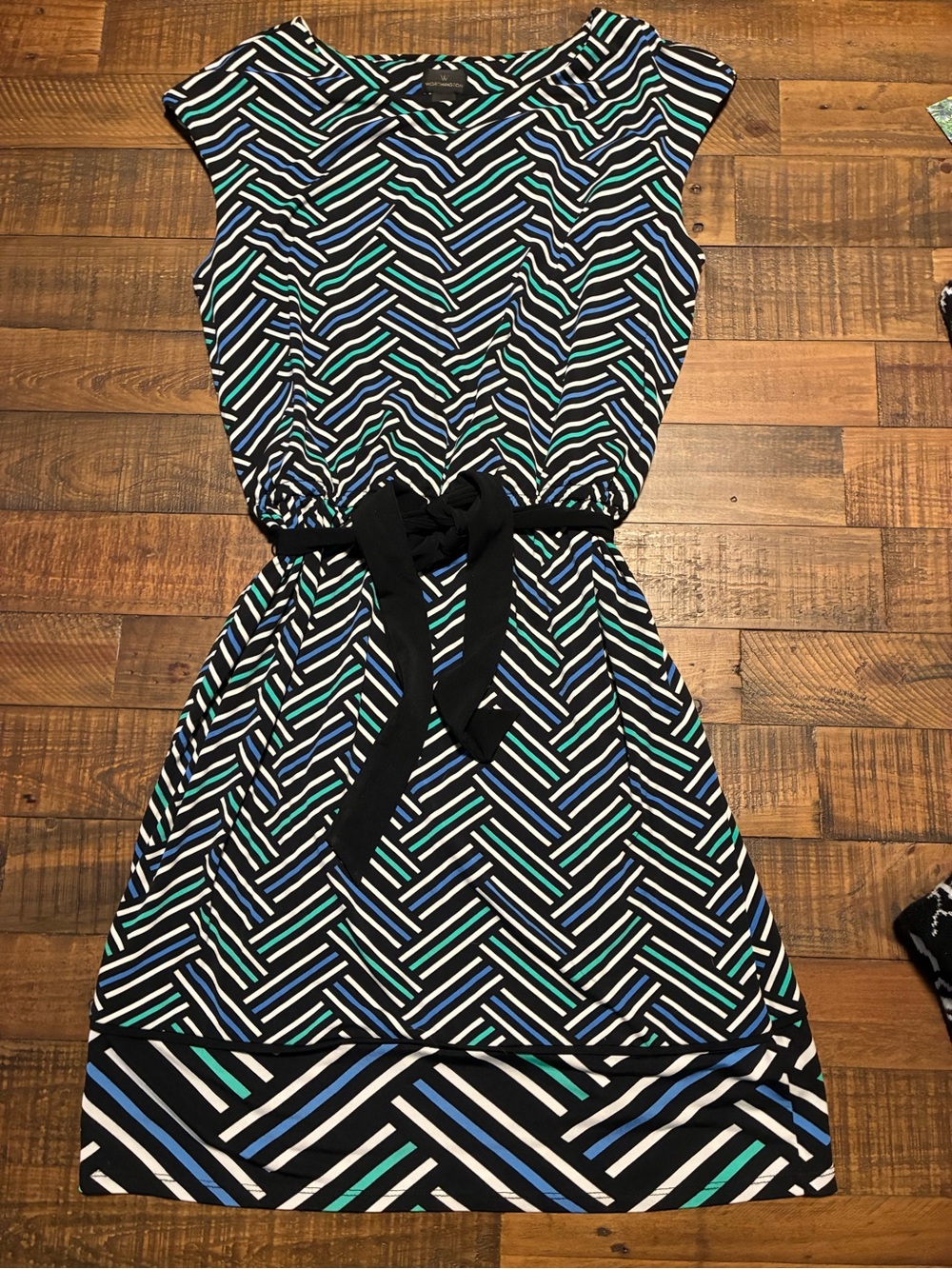 Worthington Black Geometric Stripe Cap-Sleeve Dress with Tie